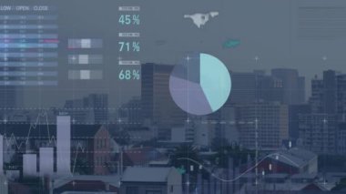 Animation of statistical data processing over grid network against aerial view of cityscape. Business data technology concept