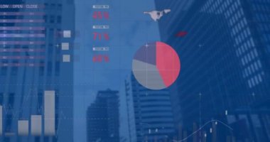Animation of statistical data processing against low angle view of tall buildings. Business data technology concept