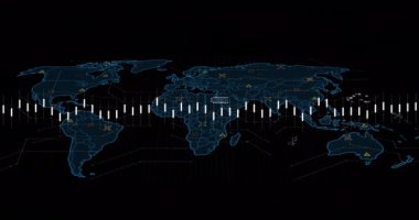 Animation of data processing over world map against black background. Computer interface and business technology concept