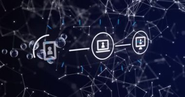 Mavi arkaplan üzerinde simge ve veri işleme ağlarının animasyonu. Küresel iş, finans, hesaplama ve veri işleme kavramı dijital olarak oluşturulmuş video.