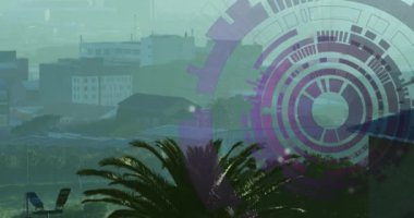 Animation of scope scanning and data processing over cityscape. Global business, finances, computing and data processing concept digitally generated video.