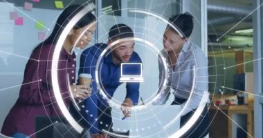 Animation of icons and data processing over diverse business people in office. Global business, finances, computing and data processing concept digitally generated video.