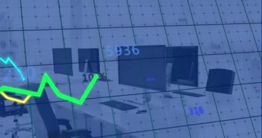 Ofisteki bilgisayarlardan hat ve finansal veri işleme animasyonları. Küresel iş, finans, hesaplama ve veri işleme kavramı dijital olarak oluşturulmuş video.