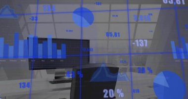 Animation of financial data processing and statistics over office. Global business, finances, computing and data processing concept digitally generated video.