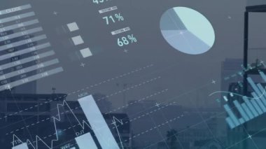 Animation of statistical data processing over grid network against aerial view of cityscape. Business data technology concept