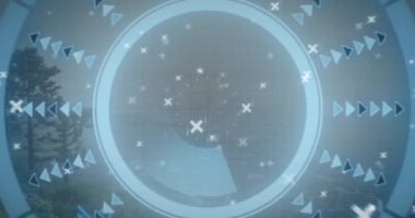 Yuvarlak tarayıcı ve mikro işlemci bağlantılarının şehir manzarasının havadan görüntüsüne karşı animasyonu. Bilgisayar arayüzü ve iş veri teknolojisi kavramı