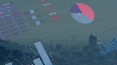 Animation of statistical data processing over grid network against aerial view of cityscape. Business data technology concept