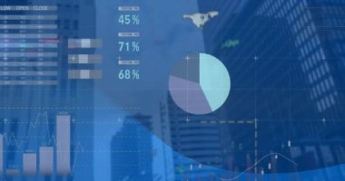 Yüksek binaların görünümüne karşı istatistiksel veri işleme animasyonu. Bilgisayar arayüzü ve iş veri teknolojisi kavramı