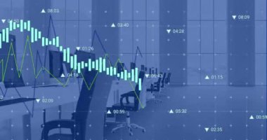 Boş ofise karşı şebeke üzerinden veri işleme animasyonu. Bilgisayar arayüzü ve iş veri teknolojisi kavramı