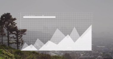 Animation of financial data processing over cityscape. Global business, finances, computing and data processing concept digitally generated video.