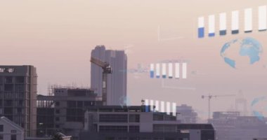 Animation of data processing against aerial view of cityscape. Computer interface and business technology concept