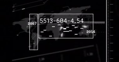 Dünya haritası ve dünya çapında finansal veri işleme animasyonu. Küresel iş, finans, dijital arayüz, hesaplama ve veri işleme kavramı dijital olarak oluşturuldu.