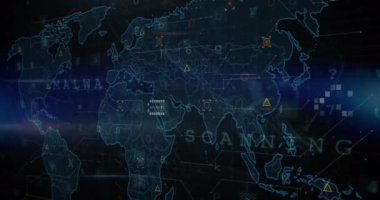 Finansal veri işleme ve dünya haritasının animasyonu. Küresel iş, finans, hesaplama ve veri işleme kavramı dijital olarak oluşturulmuş video.