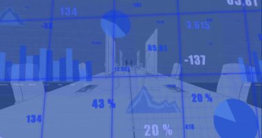3D ofis modeline karşı ızgara ağı üzerinden istatistiksel veri işleme animasyonu. İş veri teknolojisi kavramı