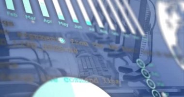 Ofis masasına karşı istatistiksel veri işleme animasyonu. Bilgisayar arayüzü ve iş veri teknolojisi kavramı