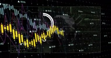 Animation of interface with data processing over spinning globe against black background. Computer interface and business technology concept