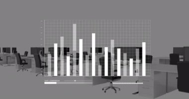 Ofis masasına karşı istatistiksel veri işleme animasyonu. Bilgisayar arayüzü ve iş veri teknolojisi kavramı