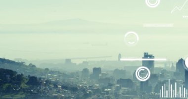 Animation of data processing against aerial view of cityscape. Computer interface and business technology concept