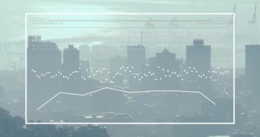 Şehir manzarasının havadan görüntüsüne karşı veri işleme arayüzünün animasyonu. Bilgisayar arayüzü ve iş teknolojisi kavramı