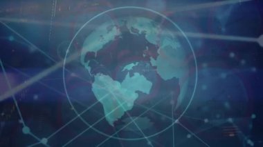 Mavi arka planda dönen dünya üzerindeki veri işleme ve bağlantı ağının animasyonu. Küresel ağ ve iş teknolojisi kavramı