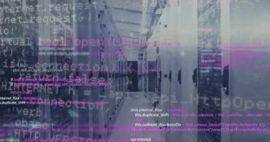 Bilgisayar sunucu odasına karşı veri işleme ve bağlantı ağının animasyonu. Bilgisayar arayüzü ve iş veri depolama teknolojisi kavramı