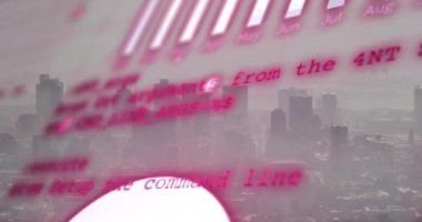 Şehir manzarasının havadan görüntüsüne karşı istatistiksel veri işleme animasyonu. Bilgisayar arayüzü ve iş veri teknolojisi kavramı