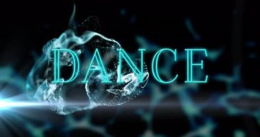 Mavi ışık noktasının üzerinde neon dans mesajı pankartı ve siyah arkaplana karşı dijital dalgaların animasyonu. Video oyunu arayüzü teknolojisi kavramı