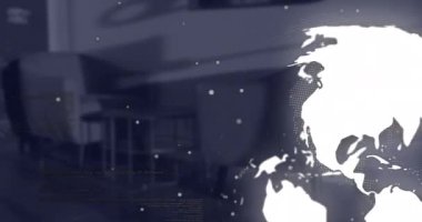 Beyaz parçacıkların animasyonu, dönen küre ve boş ofise karşı veri işleme. Küresel ağ ve iş teknolojisi kavramı