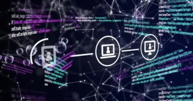 Simgeler ve veri işleme ile ağın animasyonu. Dijital olarak oluşturulan küresel çevrimiçi güvenlik, iş, finans, bilgisayar ve veri işleme kavramı.