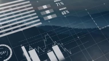 Dağların havadan görüntüsüne karşı şebeke ağı üzerinden istatistiksel veri işleme animasyonu. İş veri teknolojisi kavramı