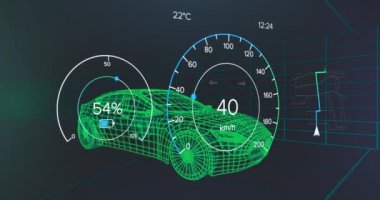 3D araba çiziminin üzerinde hız göstergesi veri işleme animasyonu. Küresel otomobil endüstrisi, iş dünyası, finans, bilgisayar ve veri işleme kavramı dijital olarak oluşturuldu.