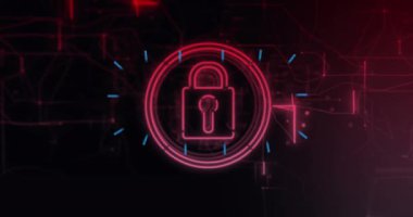 İşaretleyicilerin üzerinde asma kilit sembolü ve veri işleme animasyonu. Dijital olarak oluşturulan küresel çevrimiçi güvenlik, iş, finans, bilgisayar ve veri işleme kavramı.