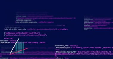 Mavi arkaplan ile ızgara ağı üzerinden istatistiksel veri işleme animasyonu. Bilgisayar arayüzü ve iş veri teknolojisi kavramı