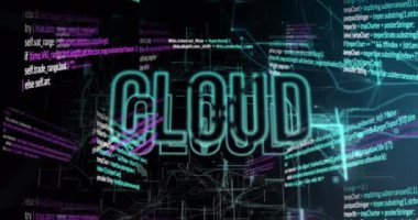 Simgeli ve veri işlemeli bulut metninin animasyonu. Küresel çevrimiçi güvenlik, iş, finans, bulut hesaplama ve veri işleme kavramı dijital olarak oluşturulmuş video.