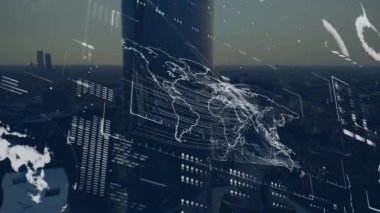 Şehir manzarasının havadan görüntüsüne karşı dünya haritasında veri işleme arayüzünün animasyonu. Bilgisayar arayüzü ve iş teknolojisi kavramı