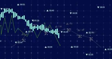 Mavi arkaplan ile ağ üzerinden veri işleme animasyonu. Bilgisayar arayüzü ve iş veri teknolojisi kavramı