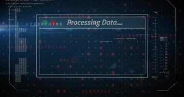 Veri işleme ve metin ekran üzerinde canlandırma. Küresel iş, finans, dijital arayüz, hesaplama ve veri işleme kavramı dijital olarak oluşturuldu.