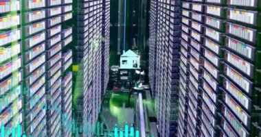 Bilgisayar sunucuları üzerinden veri işleme animasyonu. Küresel iş, finans, dijital arayüz, hesaplama ve veri işleme kavramı dijital olarak oluşturuldu.