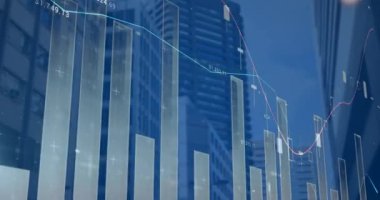 Yüksek binaların görünümüne karşı istatistiksel veri işleme animasyonu. Bilgisayar arayüzü ve iş veri teknolojisi kavramı