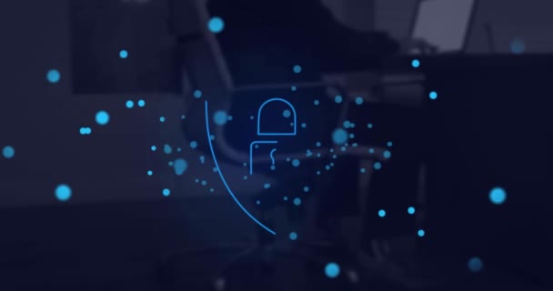 Анимация Синих Пятен Значок Замка Безопасности Средней Секции Человека Сидящего — стоковое видео