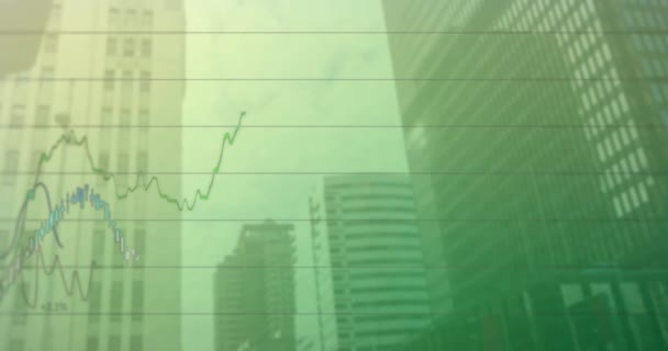 高層ビルの眺めに対する財務データ処理のアニメーション グローバルな金融 ビジネス技術の概念 — ストック動画