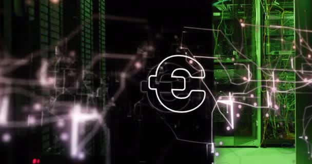 Animation Des Euro Symbols Und Glühender Lichtschilder Vor Dem Computerserverraum — Stockvideo