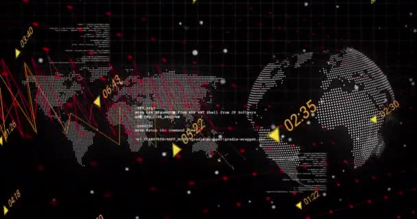 Animation Data Processing Spinning Globe World Map Black Background Globális — Stock videók