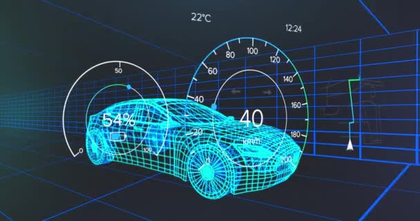 Animace Zpracování Dat Tachometru Přes Výkres Vozu Globální Automobilový Průmysl — Stock video