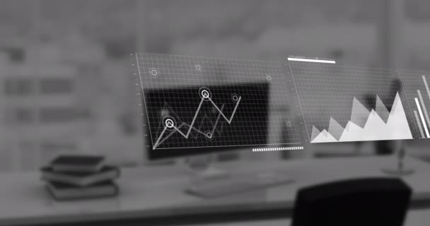 Animatie Van Schermen Met Statistische Gegevensverwerking Tegen Bureau Concept Computerinterface — Stockvideo