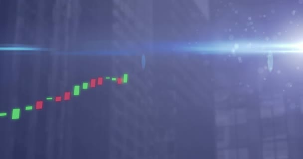 Animation Von Blaulichtflecken Und Datenverarbeitung Hohen Gebäuden Computerschnittstelle Und Geschäftsdaten — Stockvideo