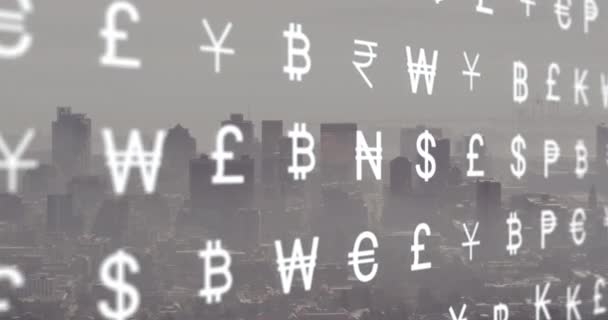 Animation Von Währungssymbolen Und Finanzdatenverarbeitung Über Dem Stadtbild Globales Geschäfts — Stockvideo