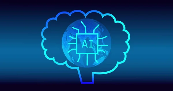 Image of brain with globe and ai text over landscape icons on blue background. Global technology and digital interface concept digitally generated image.