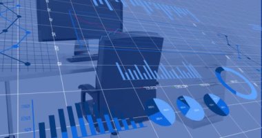 Ofis masası üzerinden istatistiksel veri işleme animasyonu. İş veri teknolojisi kavramı