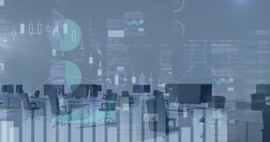 Animation of statistical data processing against empty office. Computer interface and business data technology concept